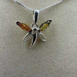 Two Tone Amber Silver Dragonfly Pendant on Silver Chain